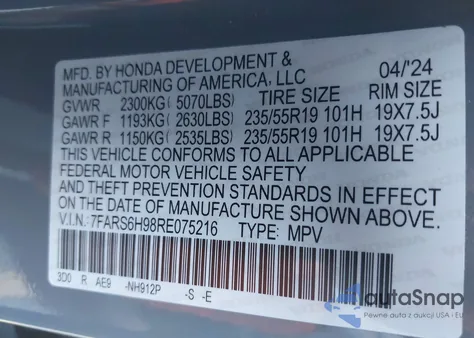 2024 Honda Cr-V Hybrid Sport Touring z USA, uszkodzony, nr VIN 7FARS6H98RE075216